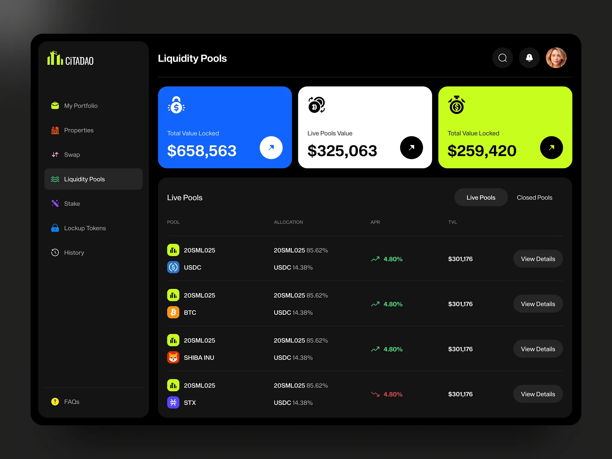 CitaDAO liquidity pools dashboard — screen 1